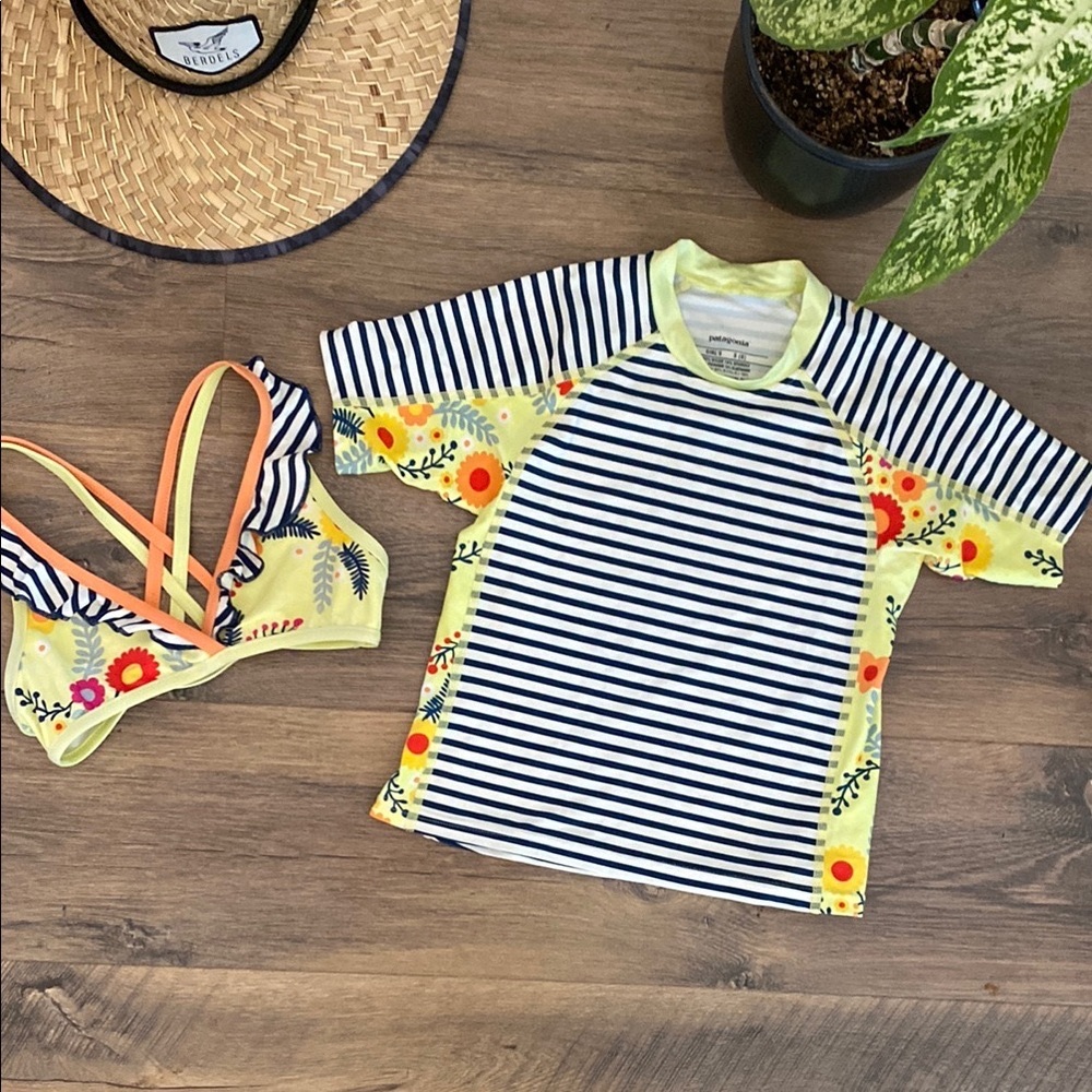 Patagonia || Kids' Striped and Floral Bikini Top/Swim Shirt Rashguard Combo Set